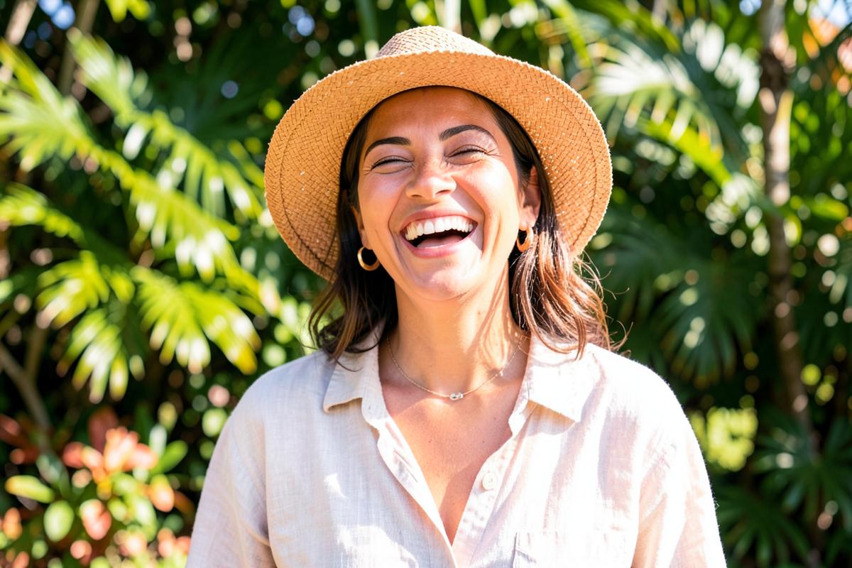 Mulher com chapéu de palha rindo ao sol, com pele saudável