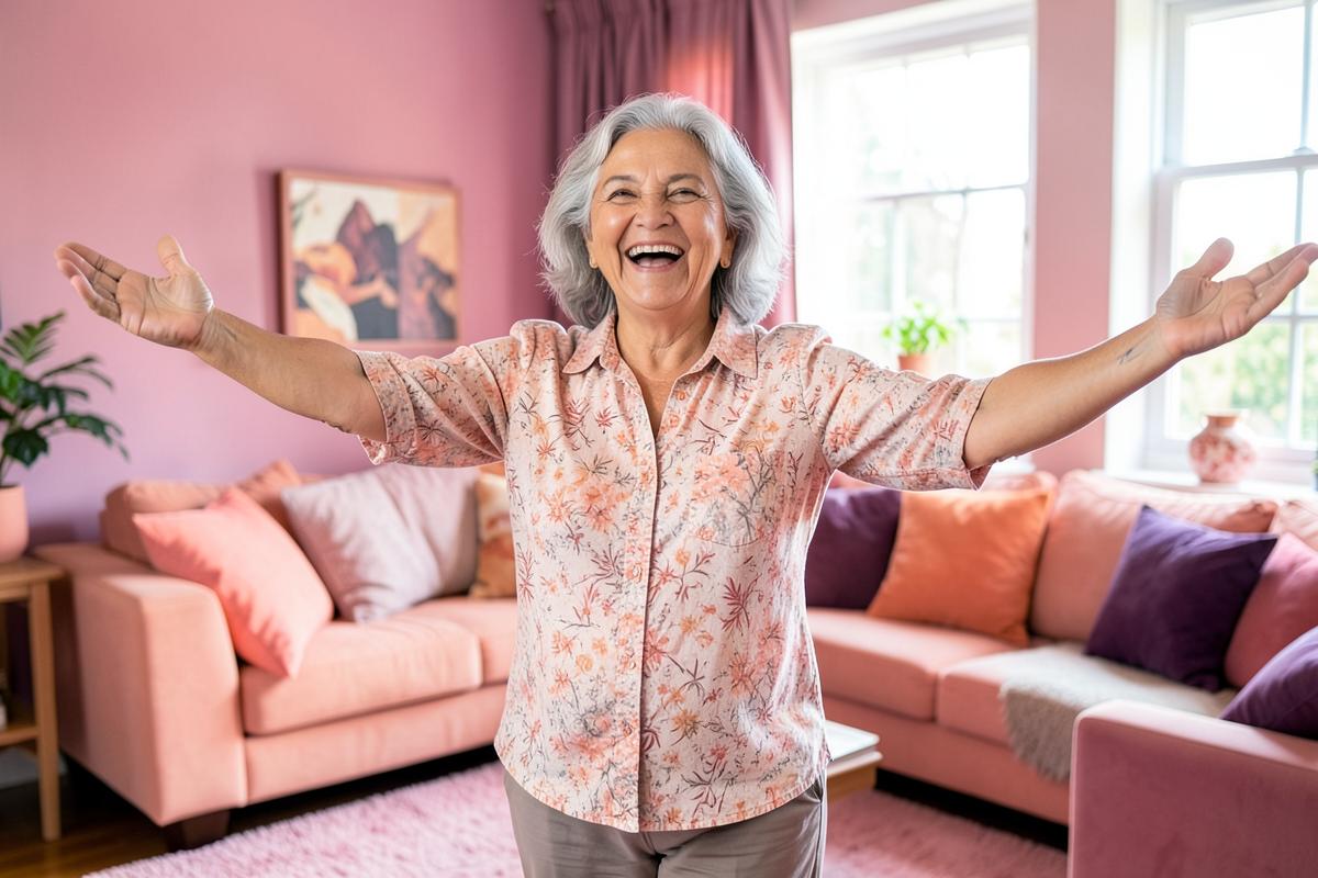 Mulher sorrindo com os braços abertos em casa, leve e confiante