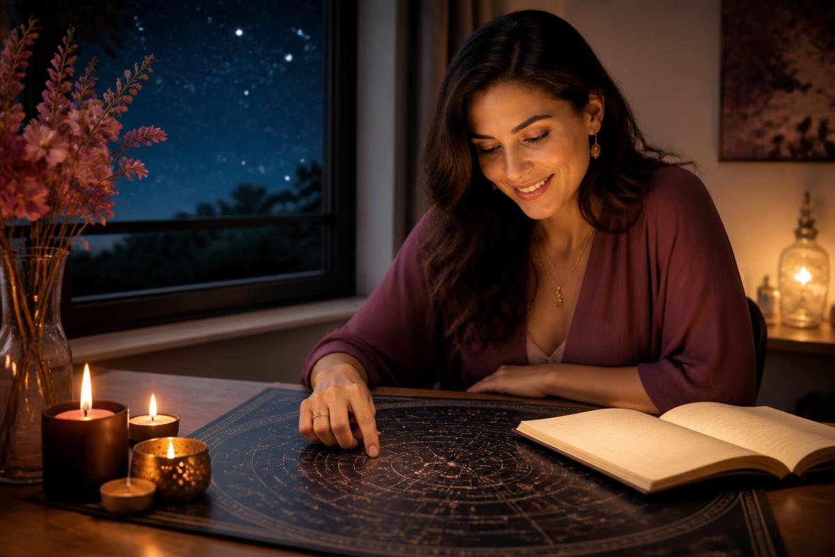 Mulher sorrindo enquanto observa um mapa de constelações em ambiente acolhedor