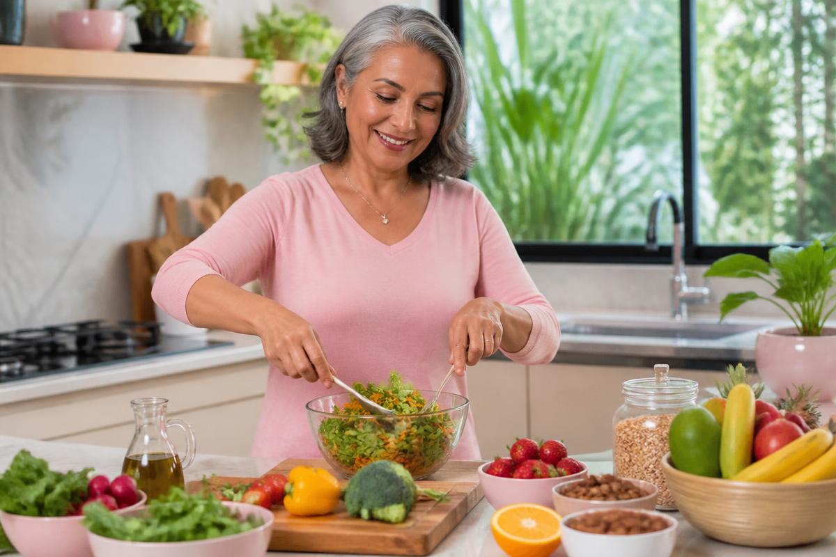 Mulher madura sorrindo enquanto prepara uma salada colorida e nutritiva