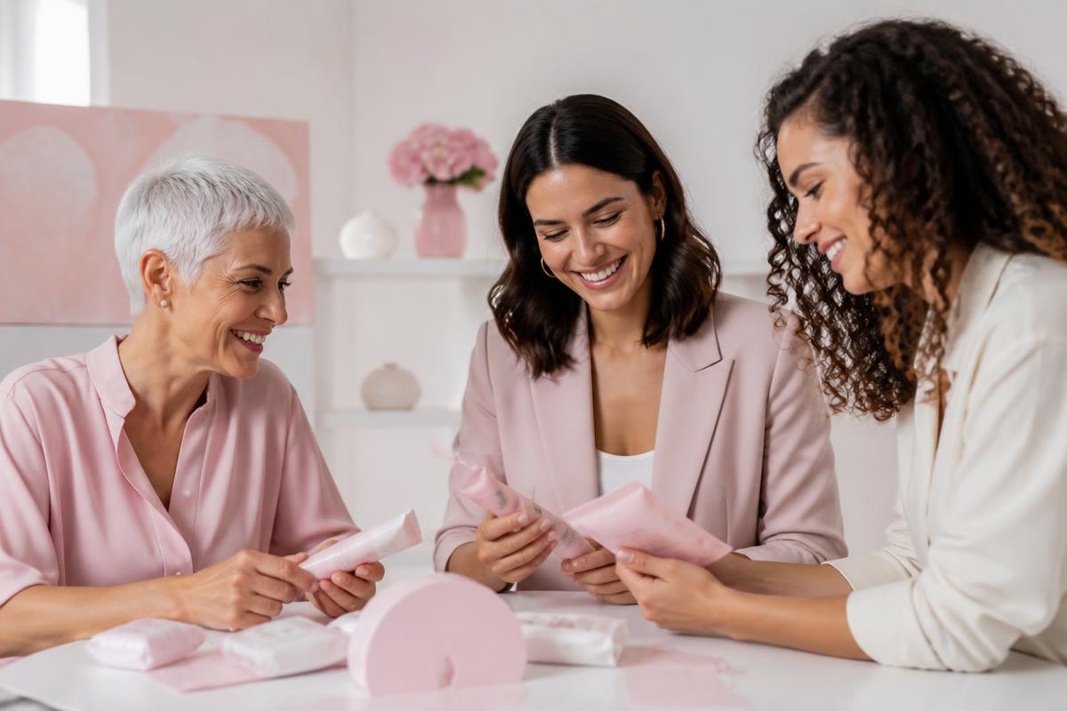 Três profissionais sorrindo enquanto desenvolvem produtos de cuidado feminino