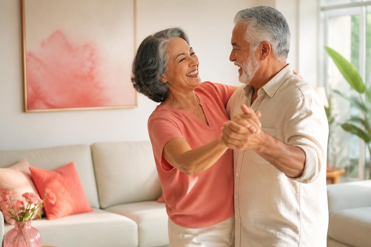 Casal com mais de 60 anos dançando e rindo junto em casa