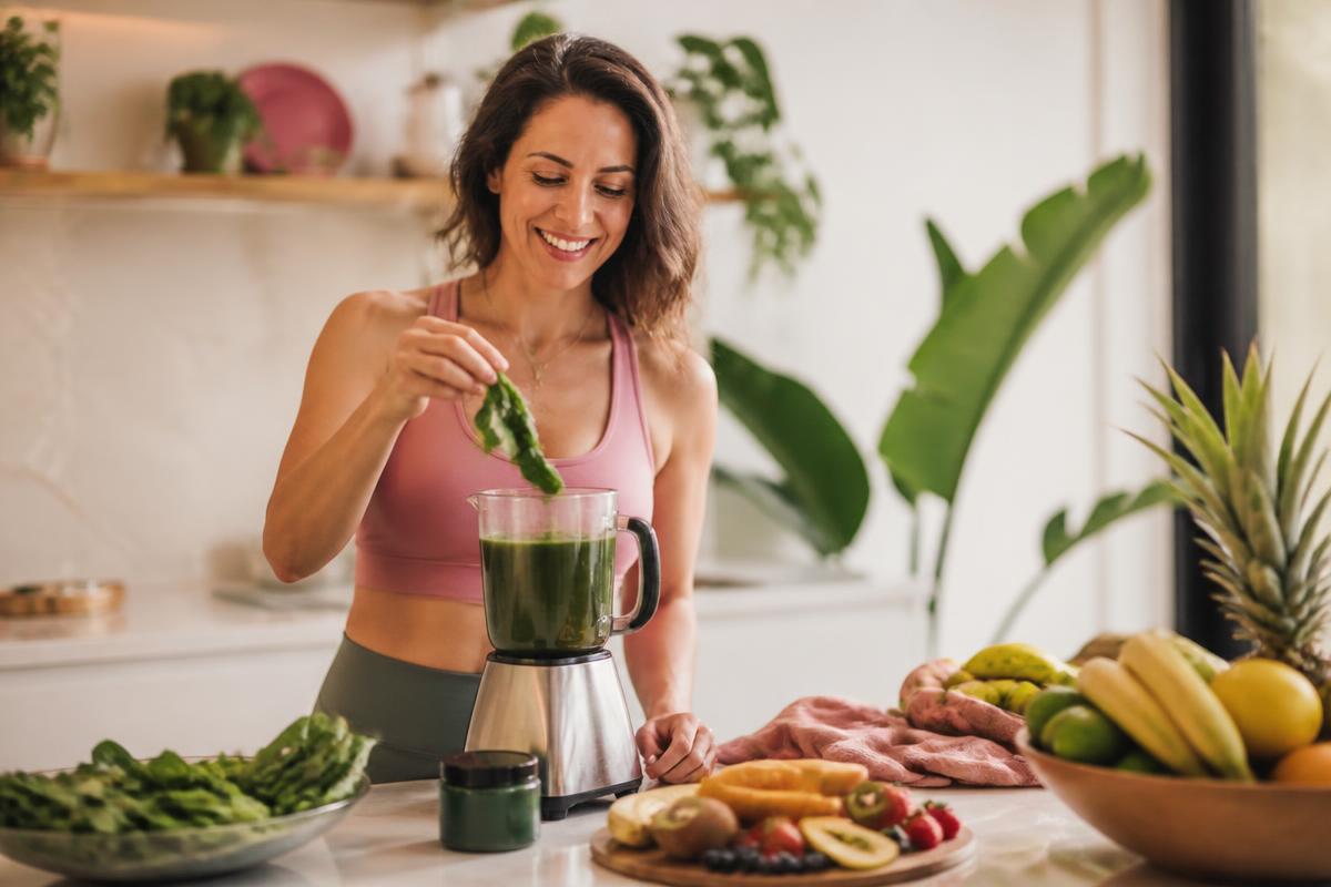 Mulher sorrindo enquanto prepara um smoothie verde com spirulina e frutas